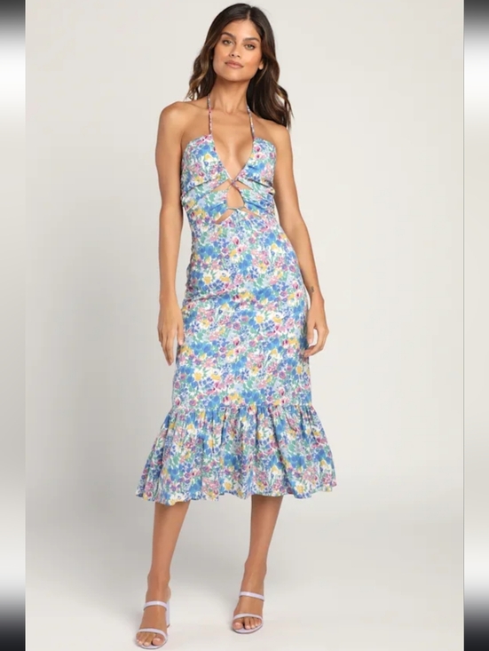 Lulus Dresses & Skirts - Lulus Stun The Scene Blue Multi Floral Print Drawstring Halter Midi Dress